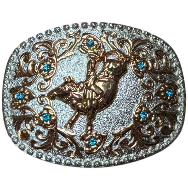 Western Buckle (0045) - Silver and Gold Rodeo Horse w/ Blue Rhinestones