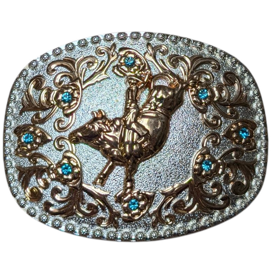 Western Buckle (0045) - Silver and Gold Rodeo Horse w/ Blue Rhinestones