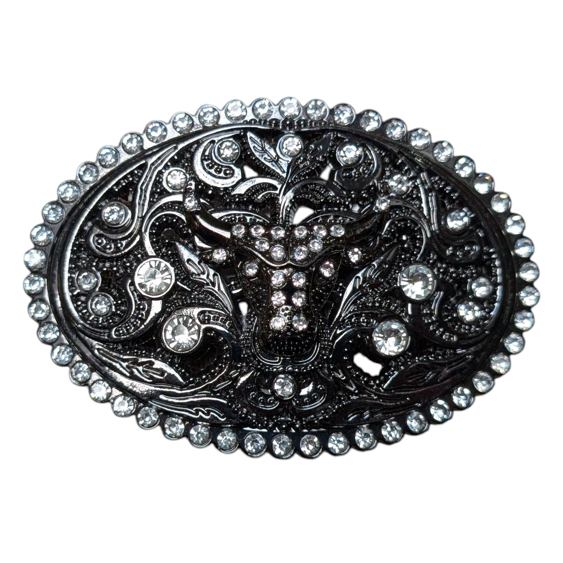 Western Buckle (0047) - Black w/ Longhorn and Rhinestones