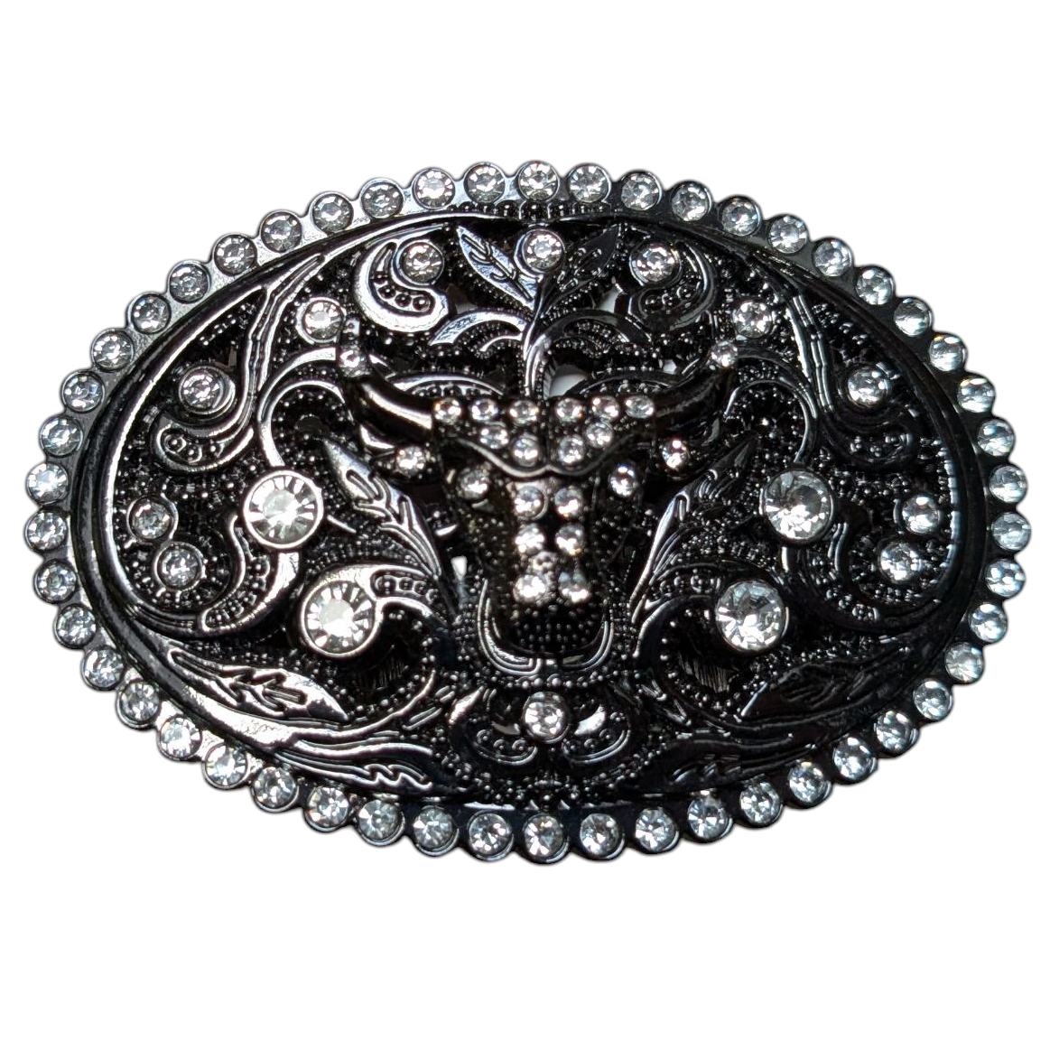 Western Buckle (0047) - Black w/ Longhorn and Rhinestones
