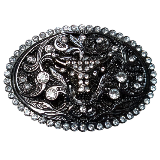Western Buckle (0047) - Black w/ Longhorn and Rhinestones