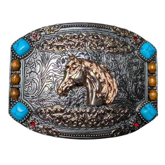 Western Buckle (0048) - Silver w/ Rose Gold w/ Mixed Stones