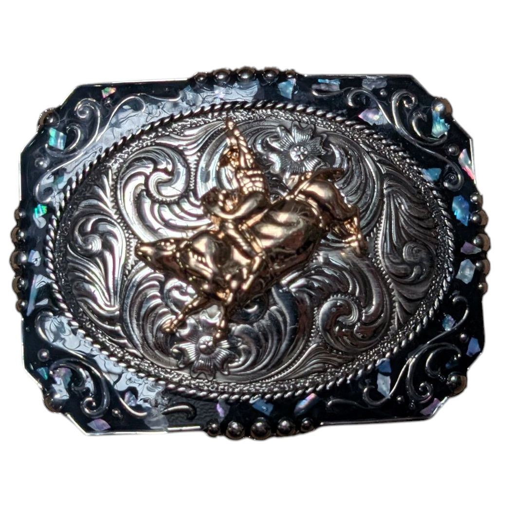 Western Buckle (0055) - Silver & Gold Rodeo Cowboy w/ Black Border