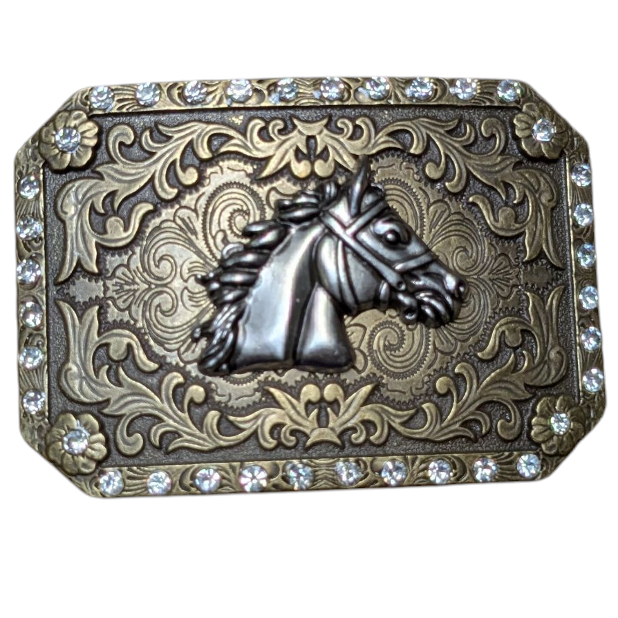 Western Buckle (0050) - Bronze w/ Silver Horse Head & Rhinestones
