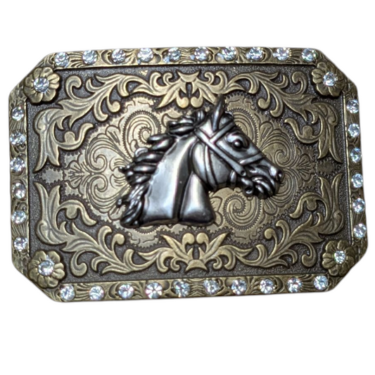 Western Buckle (0050) - Bronze w/ Silver Horse Head & Rhinestones