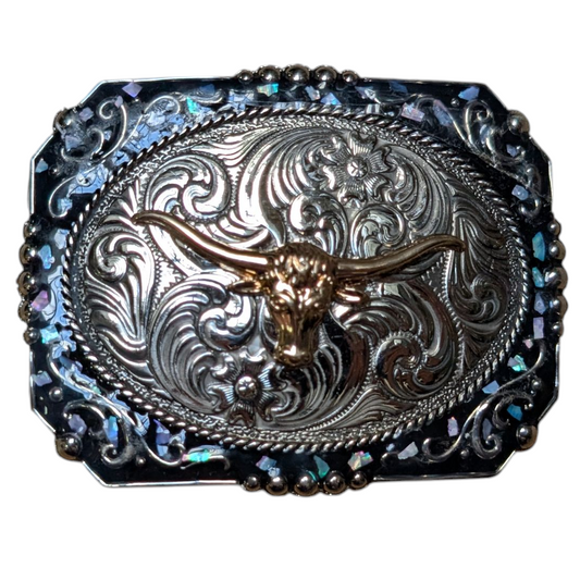 Western Buckle (0054) - Silver & Gold Longhorn w/ Black Border
