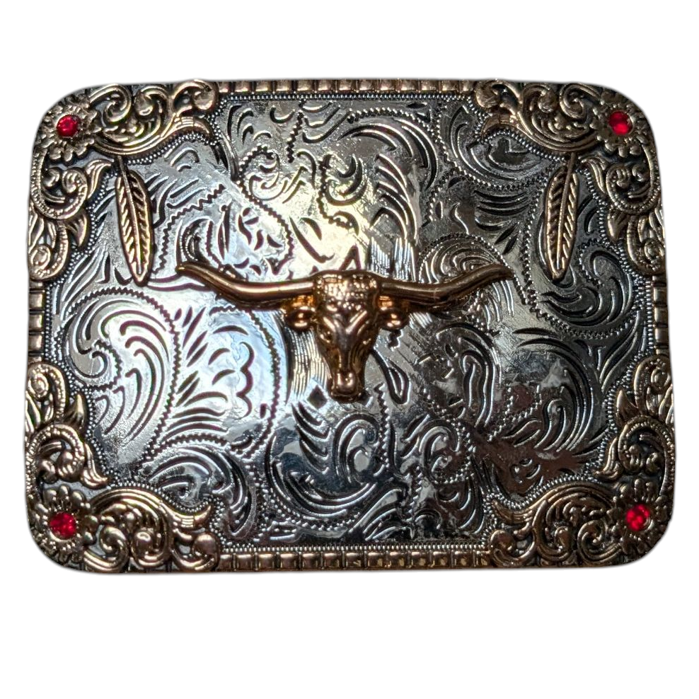 Western Buckle (0051) - Silver w/ Gold Longhorn and Red Rhinestones