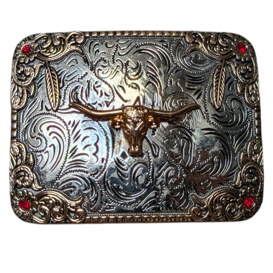Western Buckle (0051) - Silver w/ Gold Longhorn and Red Rhinestones