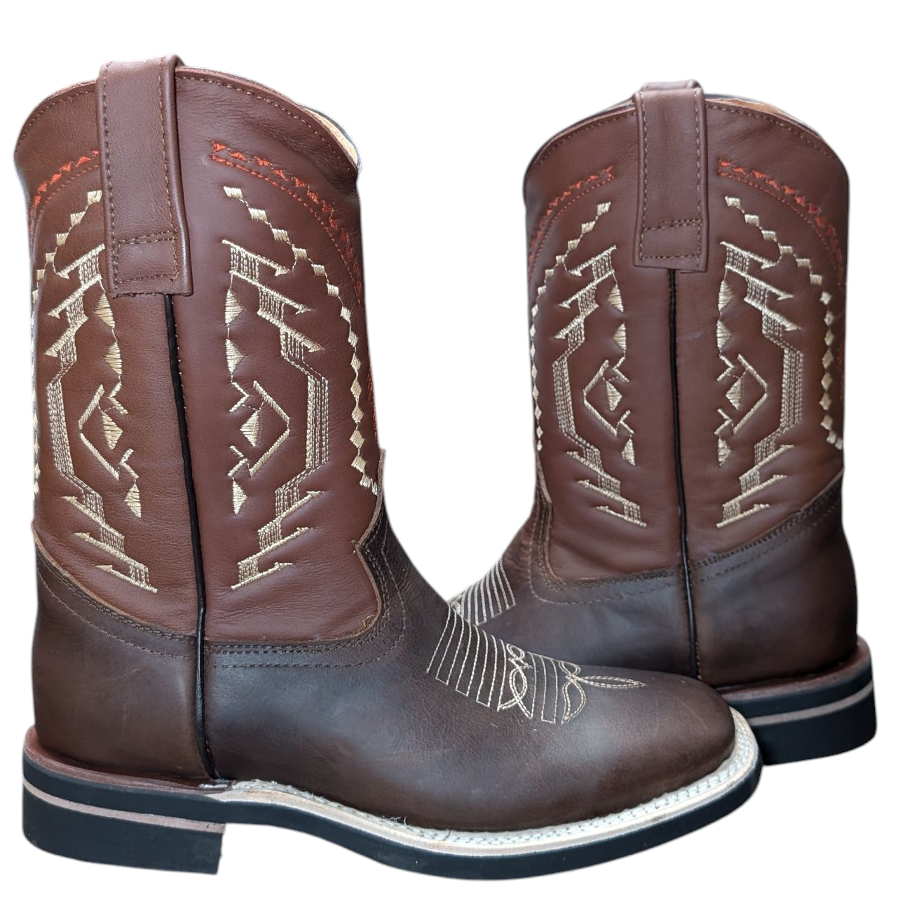 Cowboy Boots (0075) - 11.5" Two-tone Brown Leather w/ Square Toe