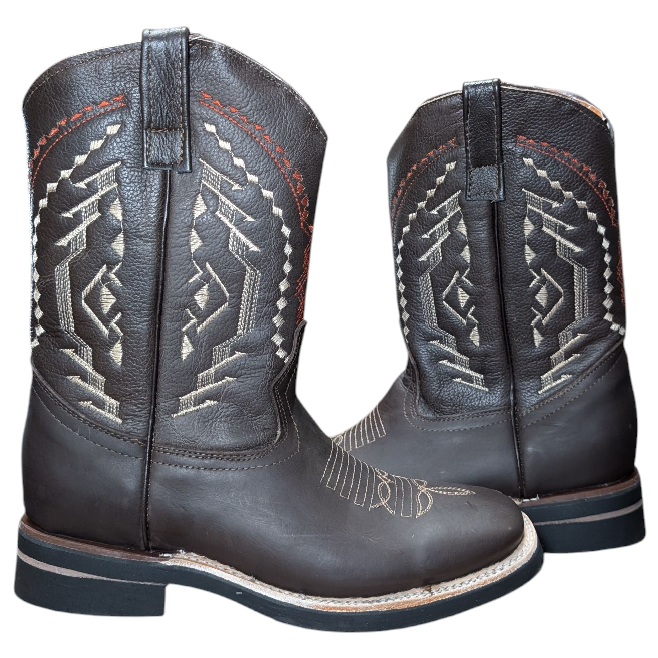 Cowboy Boots (0079) - 12" Square Toe Dark Brown Leather w/ Western Stitching