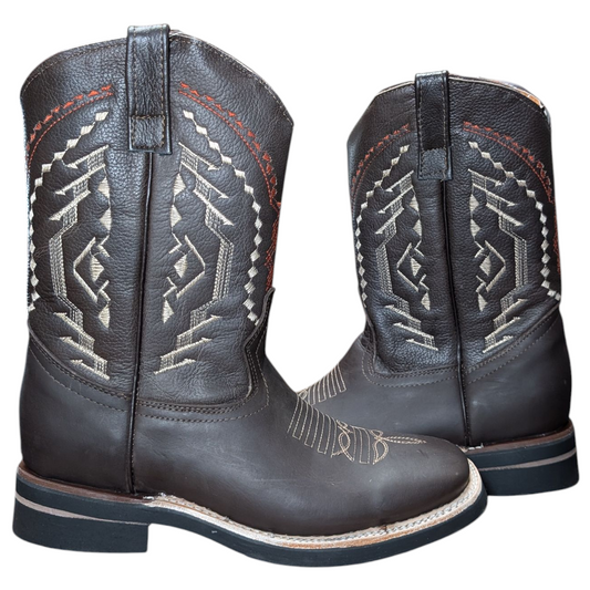 Unisex Cowboy Boots (0079) - 12" Square Toe Dark Brown Leather w/ Western Stitching