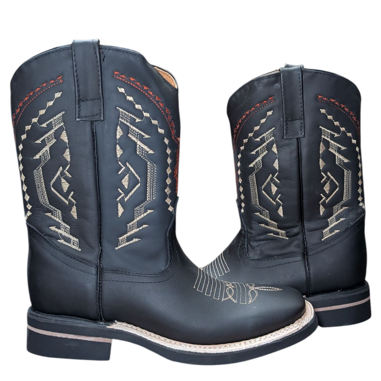 Men's Cowboy Boots (0077) - 11" Square Toe Black Leather w/ Western Stitching