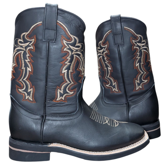 Men's Cowboy Boots (0080) - 12" Square Toe Black Leather w/ Tribal Stitching
