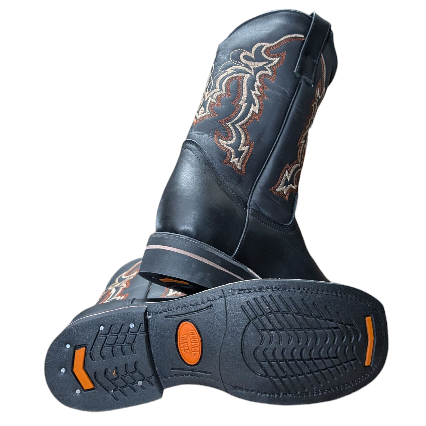 Men's Cowboy Boots (0080) - 12" Square Toe Black Leather w/ Tribal Stitching