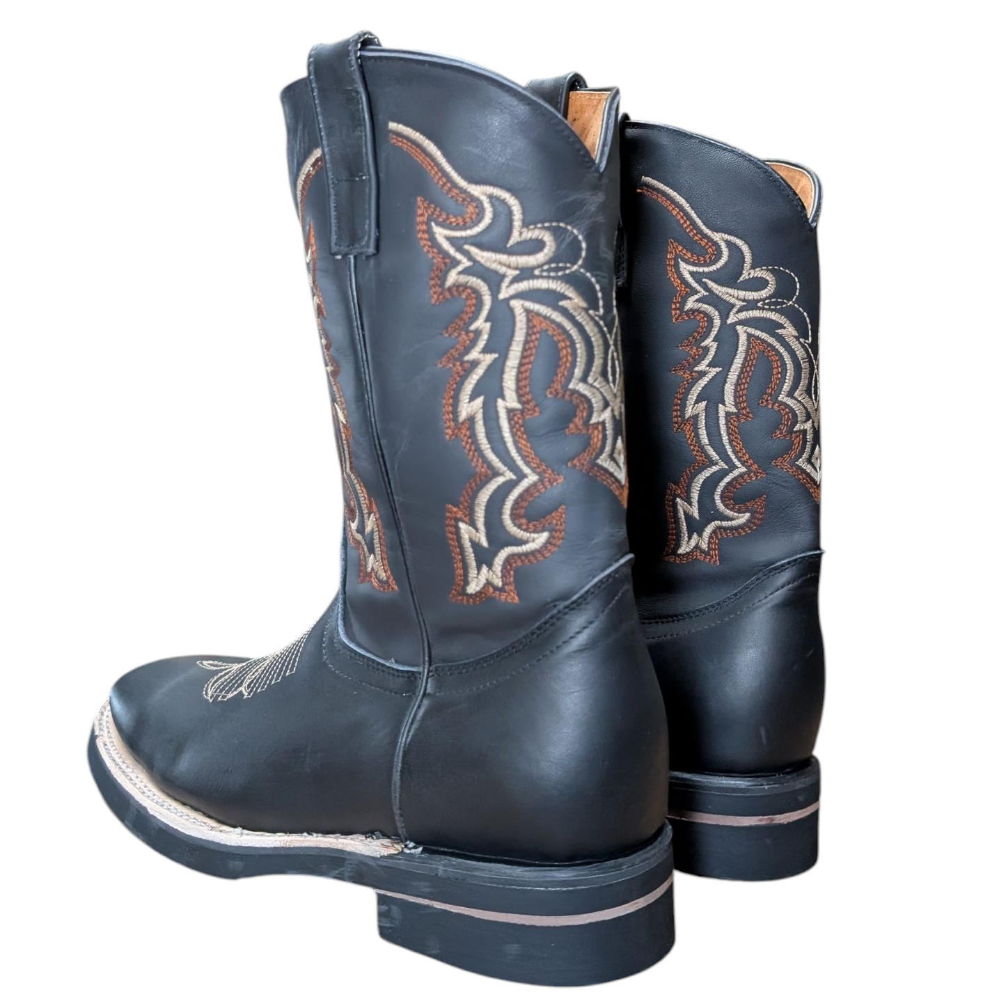 Men's Cowboy Boots (0080) - 12" Square Toe Black Leather w/ Tribal Stitching