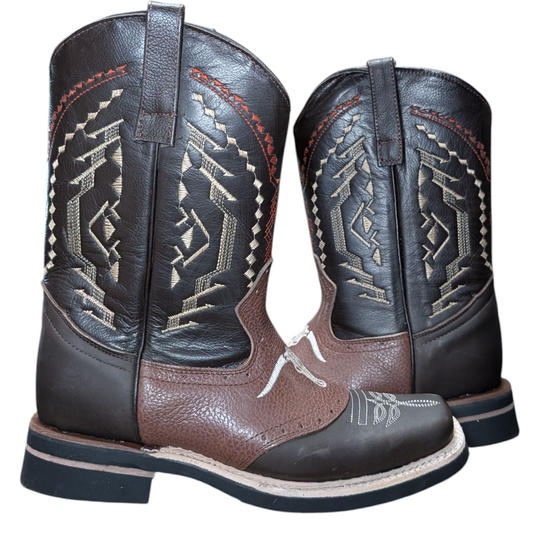 Unisex Cowboy Boots (0078) - Rodeo Toe Layered Brown Leather Longhorn Design