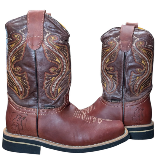 Women's Cowboy Boots (0090) - 12" Square Toe Mahogany Leather w/ Western Stitching