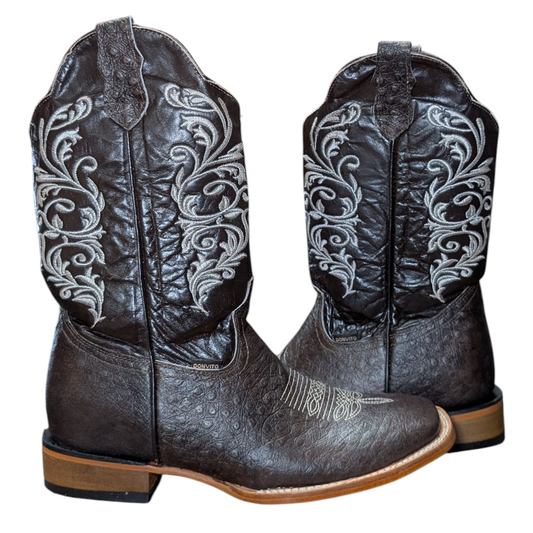 Women's Cowboy Boots (0092) - 12" Square Toe Dark Brown Leather w/ Botanical Stitching