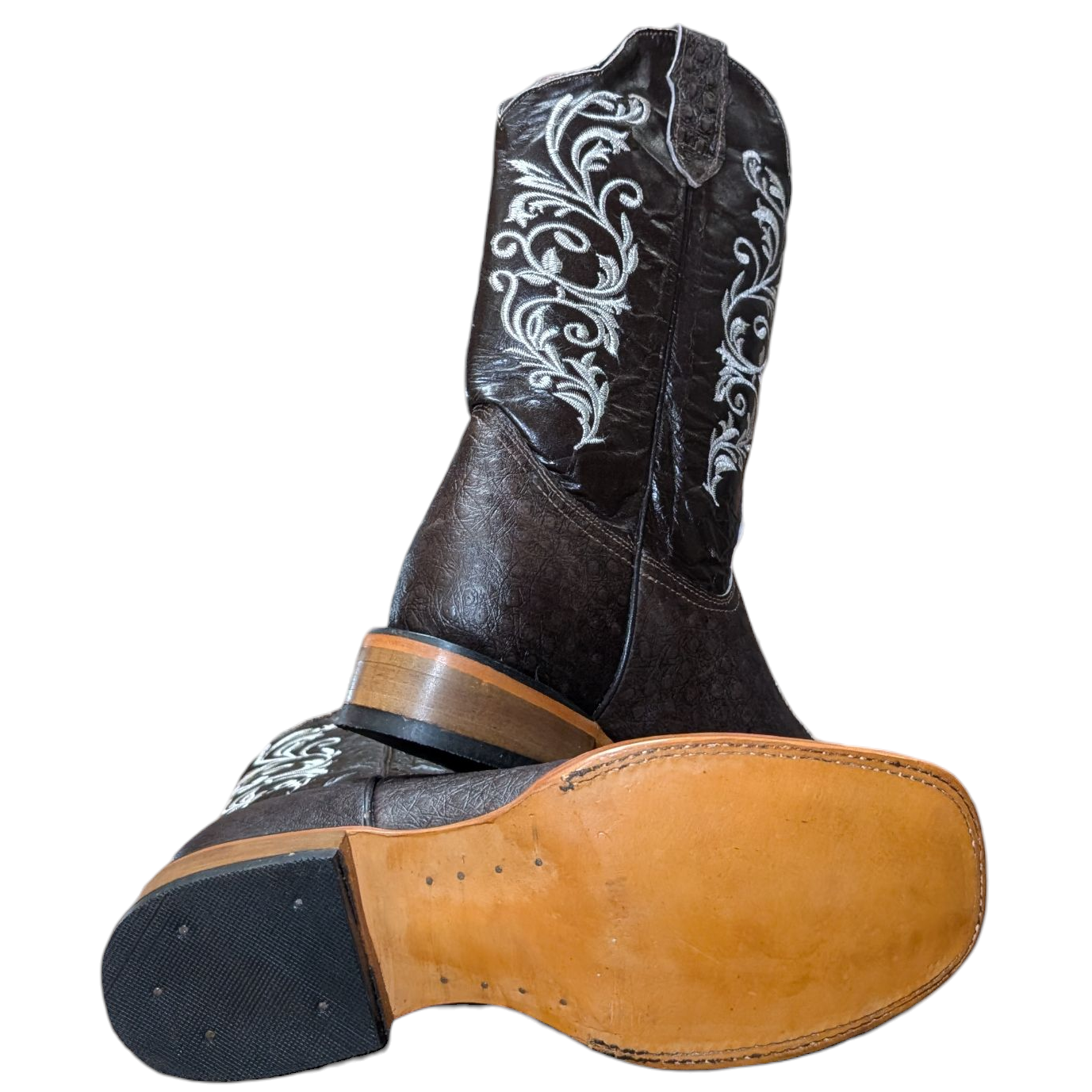 Women's Cowboy Boots (0092) - 12" Square Toe Dark Brown Leather w/ Botanical Stitching