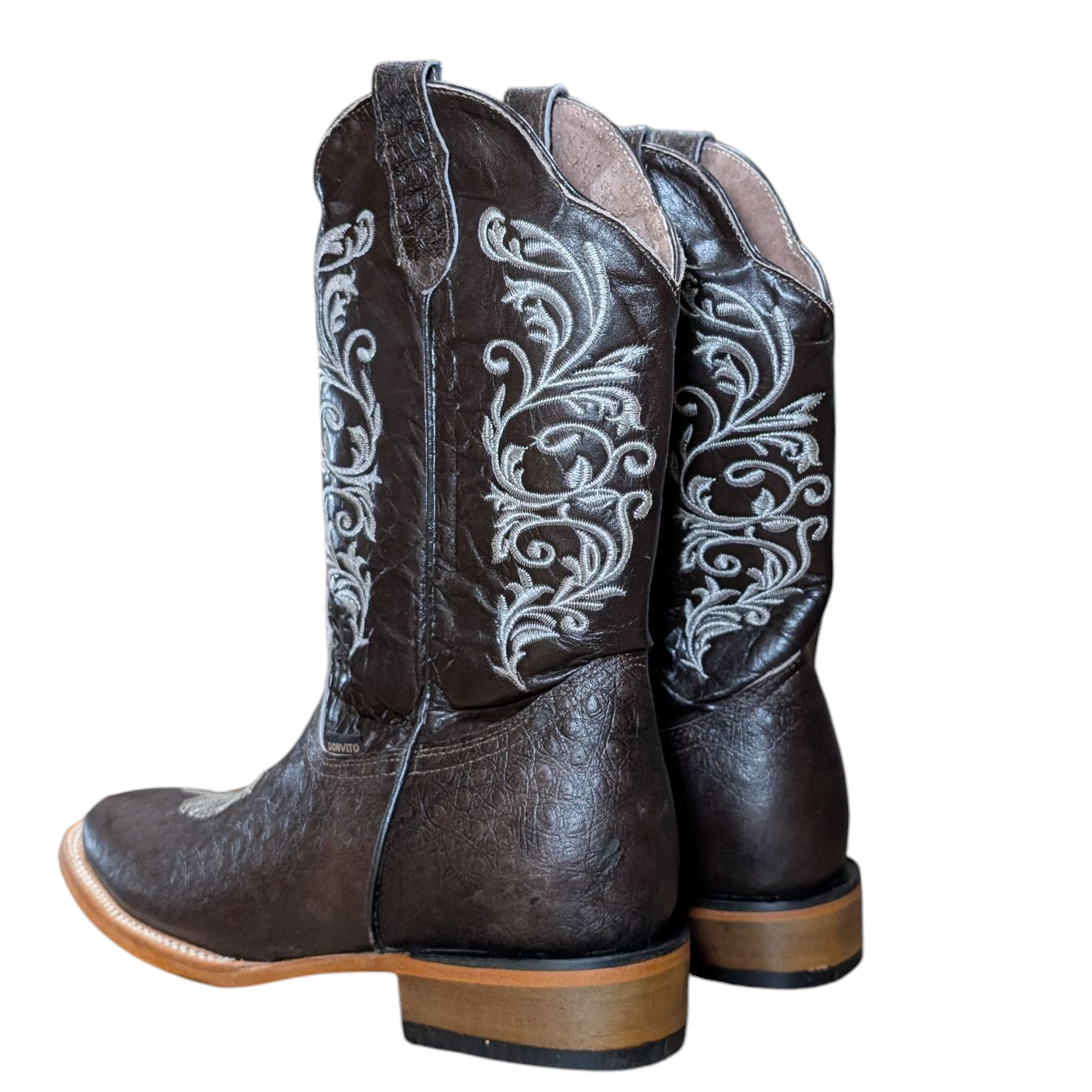 Women's Cowboy Boots (0092) - 12" Square Toe Dark Brown Leather w/ Botanical Stitching