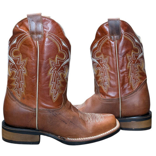 Women's Cowboy Boots (0091) - 11" Square Toe Rust-Brown Leather w/ Western Stitching