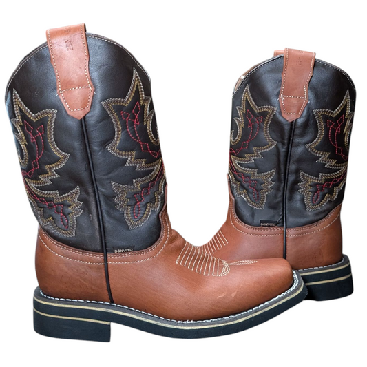 Unisex Cowboy Boots (0076) - 12" Brown & Black w/ Western Stitching & Rodeo Toe
