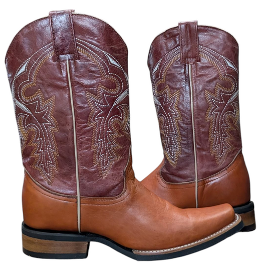 Unisex Cowboy Boots (0093) - 13" Rust Brown & Burgundy Leather w/ Snip Toe