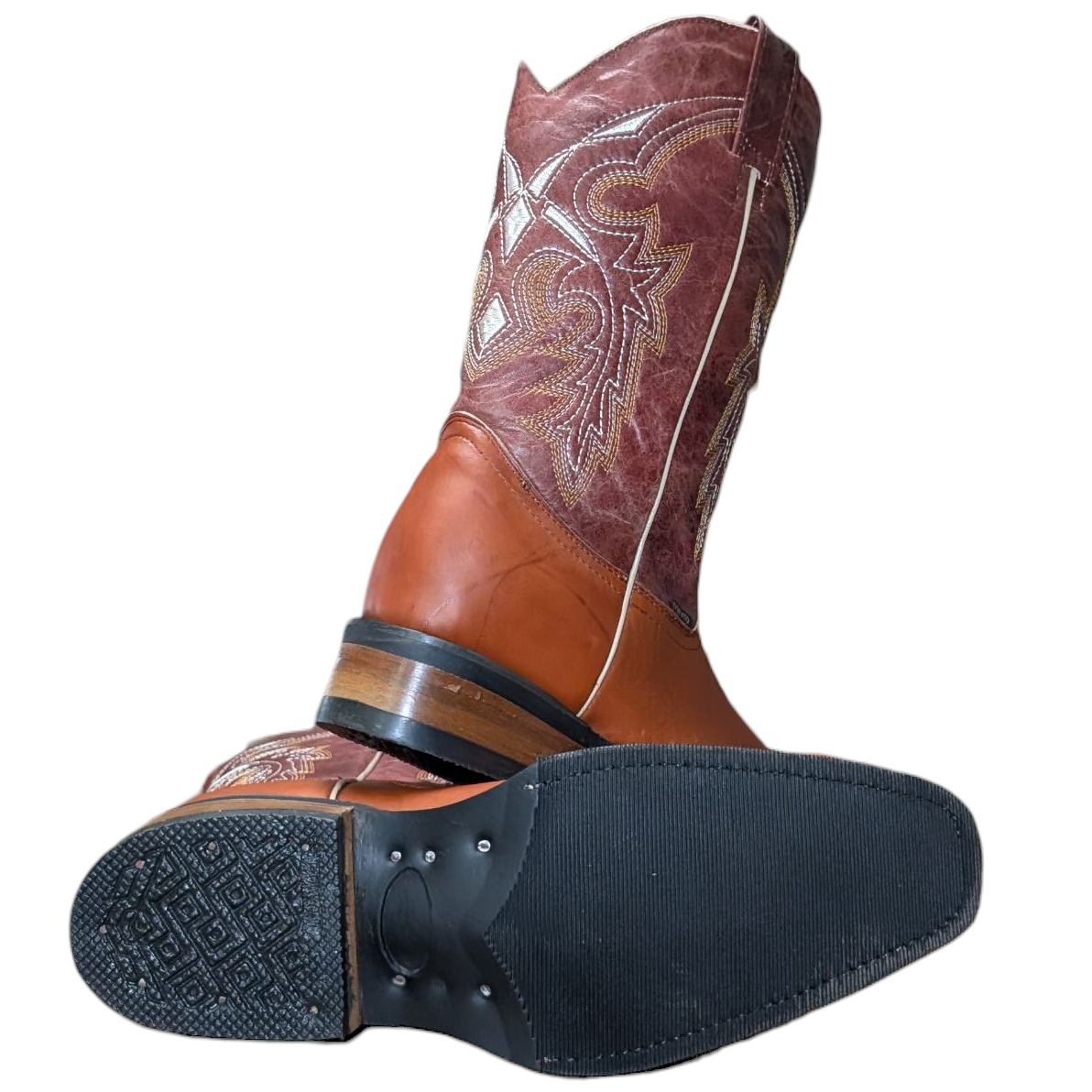 Unisex Cowboy Boots (0093) - 13" Rust Brown & Burgundy Leather w/ Snip Toe