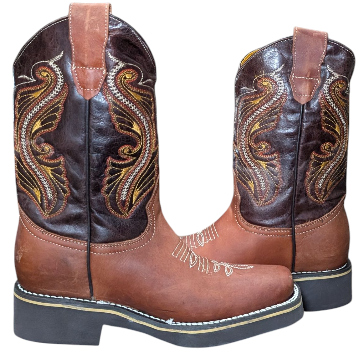 Unisex Cowboy Boots (0096) - 12.5" Rust Brown & Black w/ Western Stitching & Square Toe