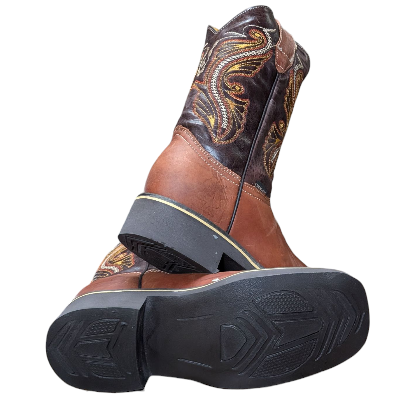 Unisex Cowboy Boots (0096) - 12.5" Rust Brown & Black w/ Western Stitching & Square Toe