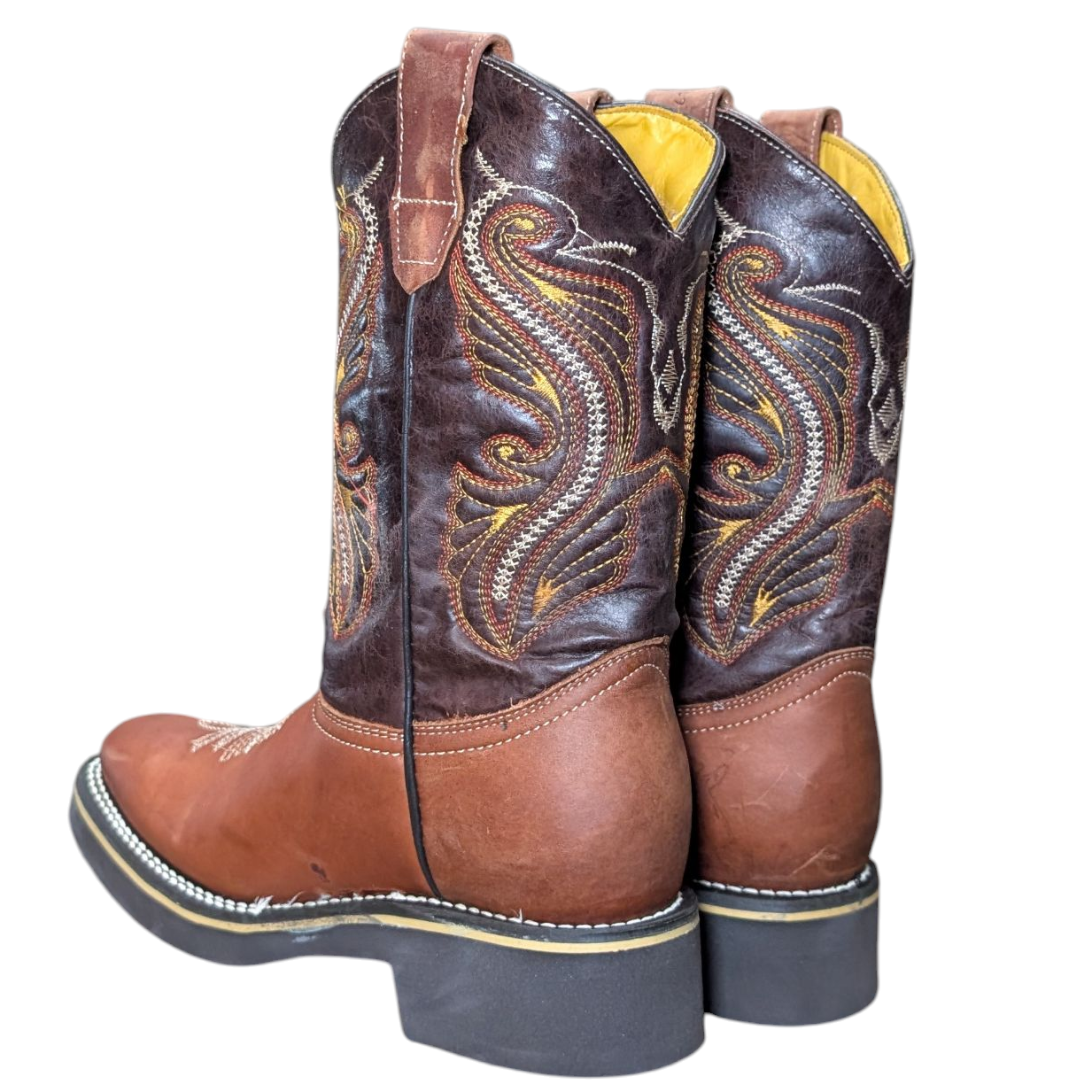 Unisex Cowboy Boots (0096) - 12.5" Rust Brown & Black w/ Western Stitching & Square Toe