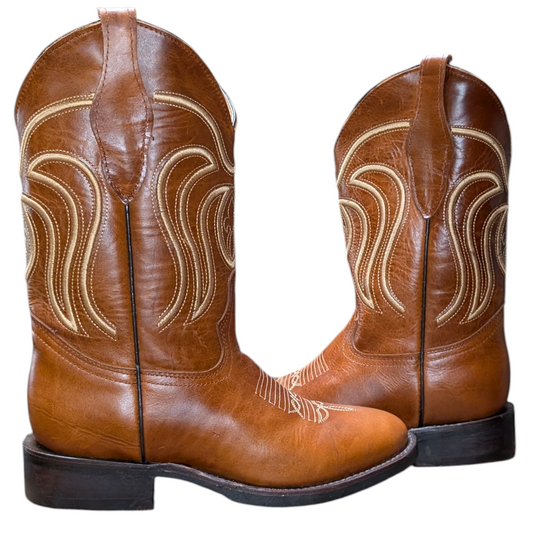 Men's Cowboy Boots (0083) - 13" Brown Leather w/ Western Stitching & Round Toe (Rubber sole)