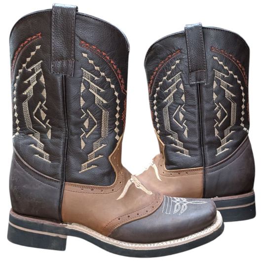 Unisex Cowboy Boots (0088) - Rodeo Toe Layered Two-tone Brown Leather Longhorn Design