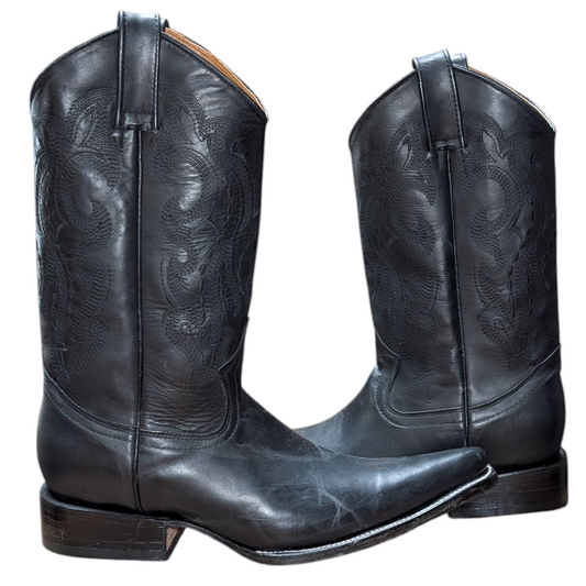 Unisex Cowboy Boots (0086) - 14" Black Leather w/ Black Western Stitching and Pointed Toe