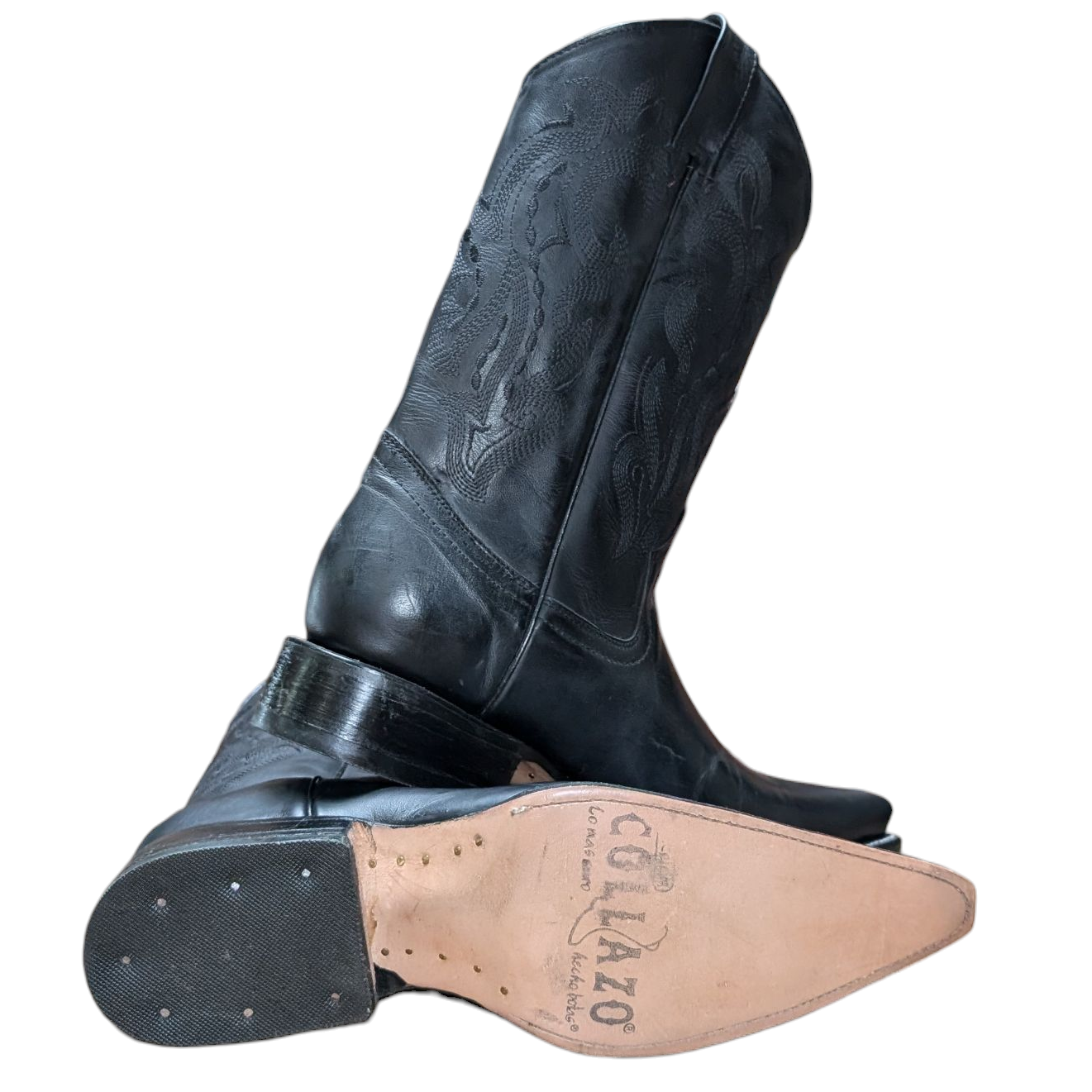 Unisex Cowboy Boots (0086) - 14" Black Leather w/ Black Western Stitching and Pointed Toe