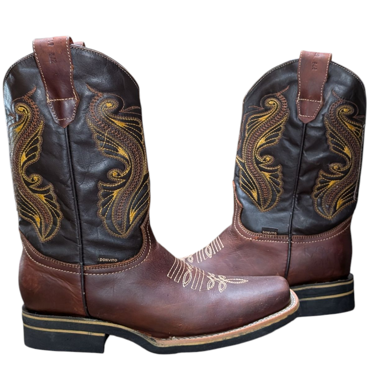 Unisex Cowboy Boots (0089) - 12" Dark Brown & Black Leather w/ Rodeo Toe & Gold Western Stitching