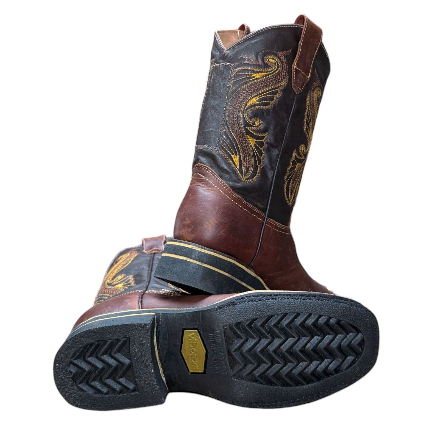 Unisex Cowboy Boots (0089) - 12" Dark Brown & Black Leather w/ Rodeo Toe & Gold Western Stitching