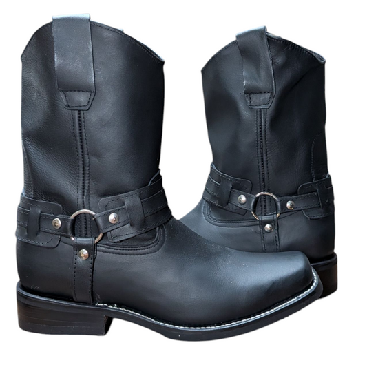 Unisex Boots (0001) - 11" Harness Black Leather Square Toe Boot