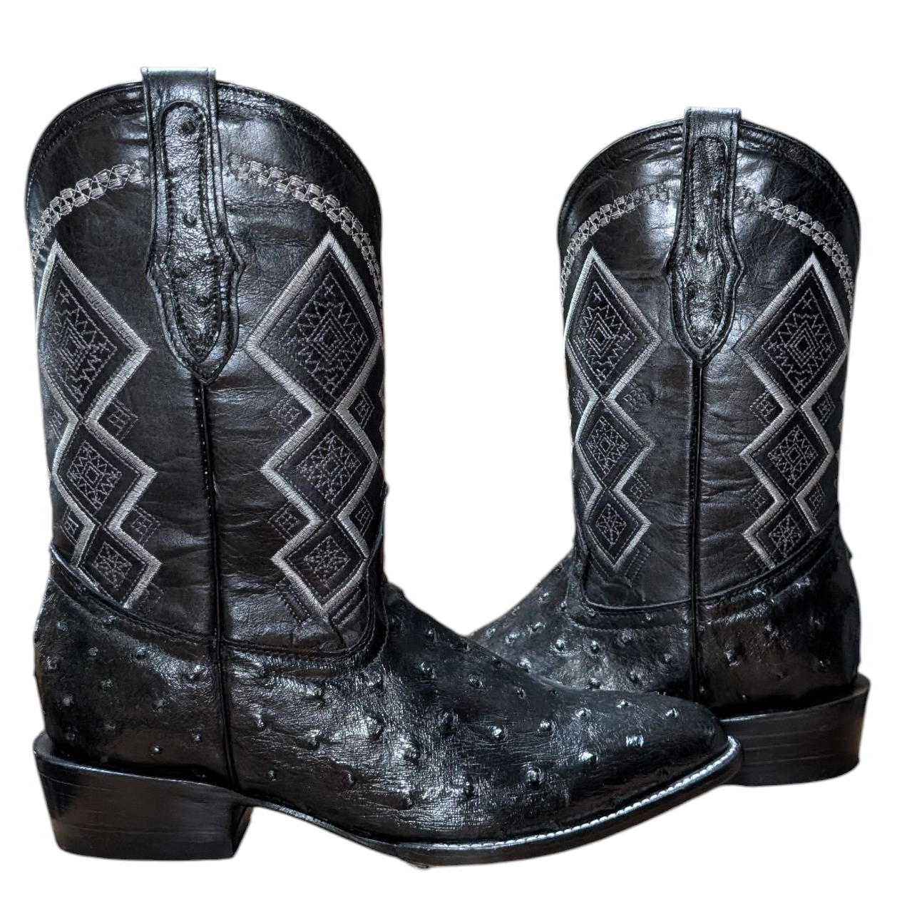 Men's Exotic Leather Cowboy Boots (0090) - 12.5" Black Ostrich Leather w/ Western Stitching & Round Toe