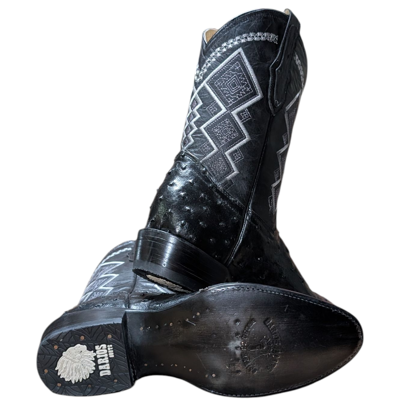 Men's Exotic Leather Cowboy Boots (0090) - 12.5" Black Ostrich Leather w/ Western Stitching & Round Toe