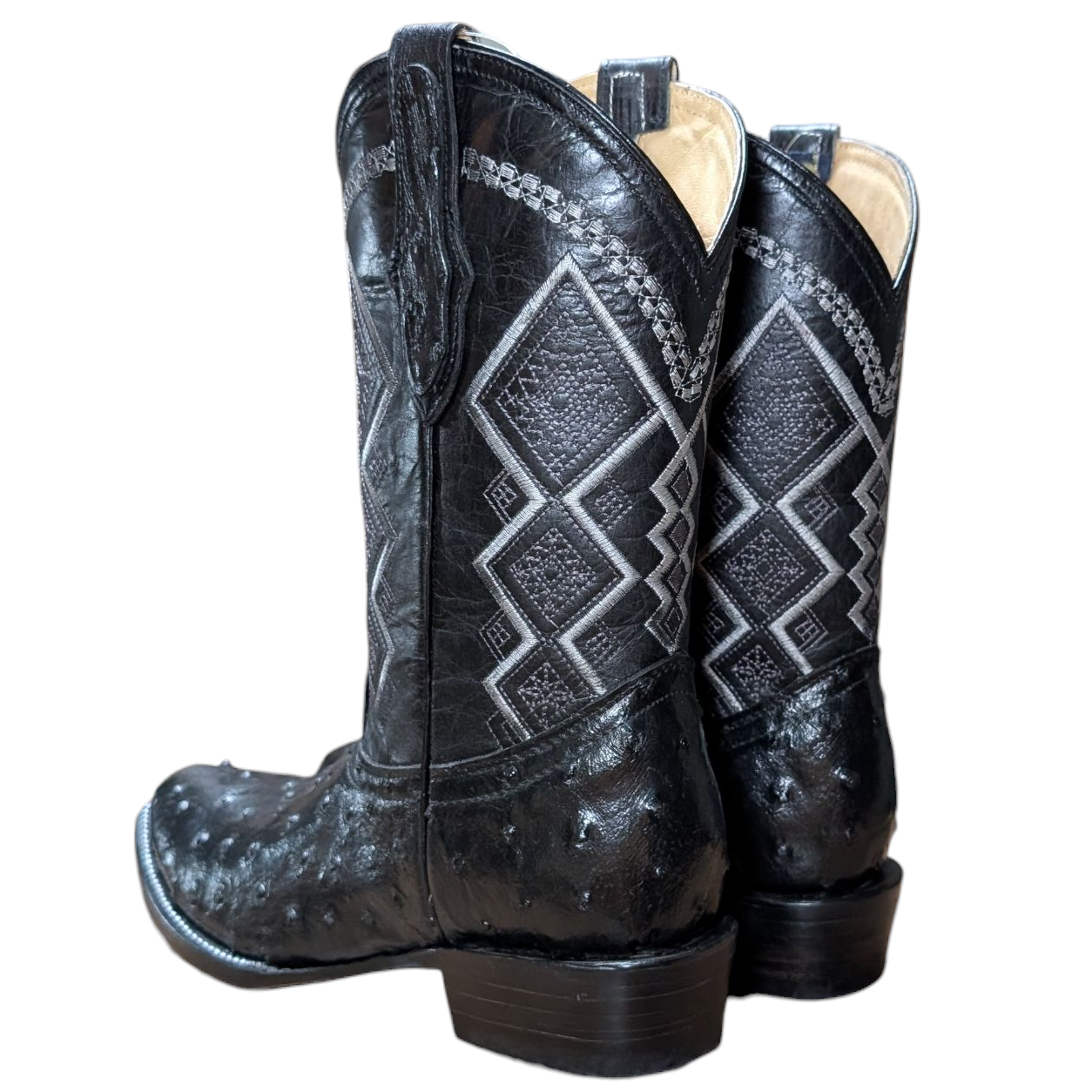 Men's Exotic Leather Cowboy Boots (0090) - 12.5" Black Ostrich Leather w/ Western Stitching & Round Toe