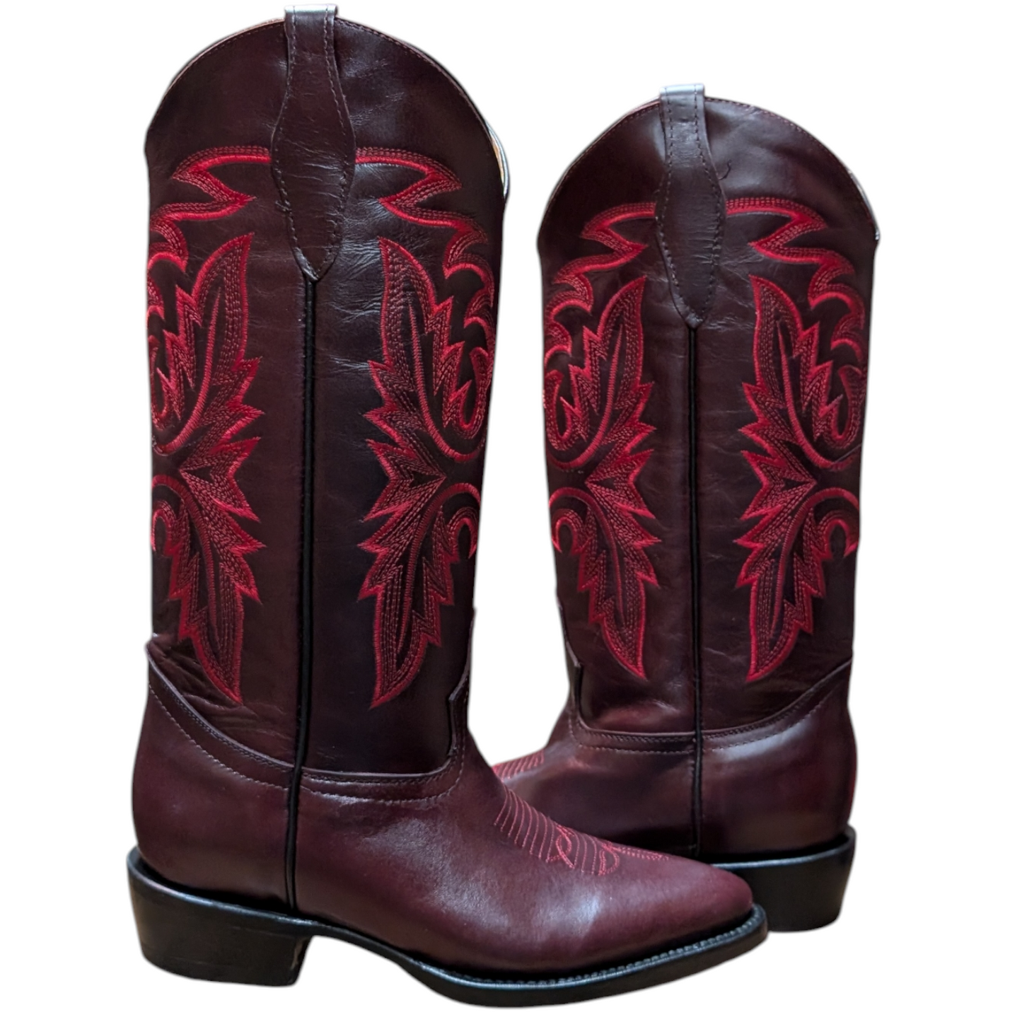 Women's Cowboy Boots (0099) - 15.25" Burgundy Leather w/ Round Toe (Vibrant Stitching)