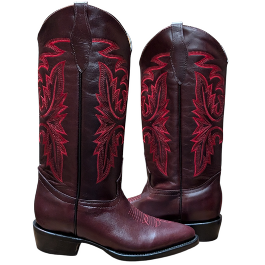 Women's Cowboy Boots (0099) - 15.25" Burgundy Leather w/ Round Toe (Vibrant Stitching)