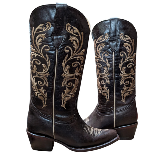 Women's Cowboy Boots (0100) - 15.5" Dark Rustic Brown Leather w/ Snip Toe (style1)