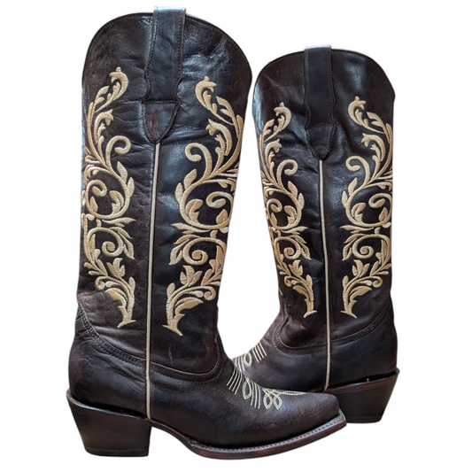 Women's Cowboy Boots (0100) - 15.5" Dark Rustic Brown Leather w/ Snip Toe (style2)