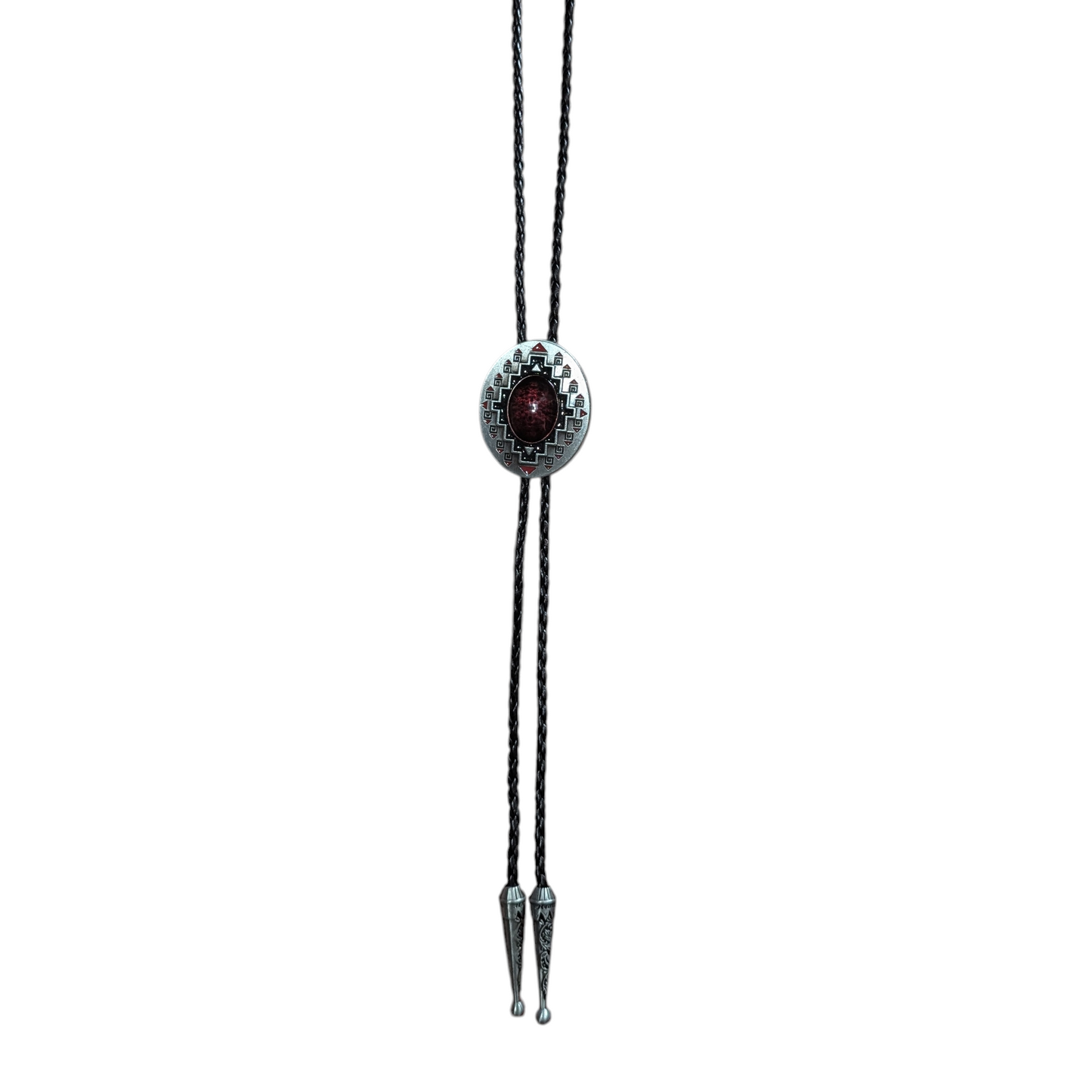 Western Bolo Tie (0042) - Silver Geometric Print w/ Red Centre Stone