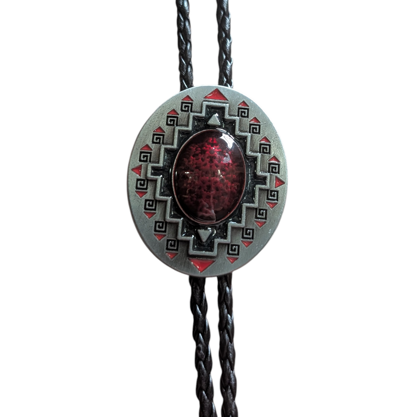 Western Bolo Tie (0042) - Silver Geometric Print w/ Red Centre Stone