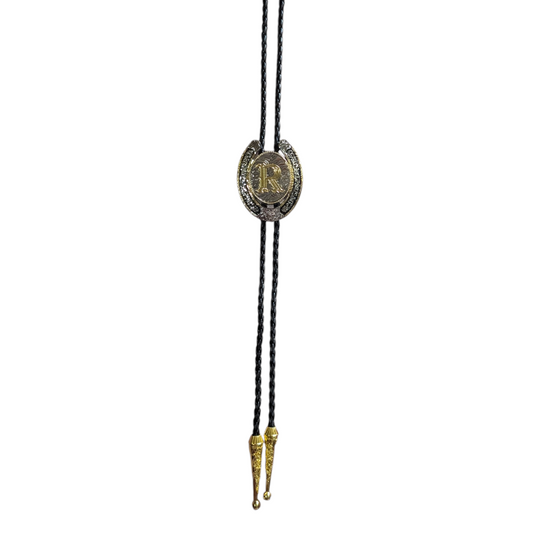 Western Bolo Tie (0043) - Silver & Gold Letter (R)