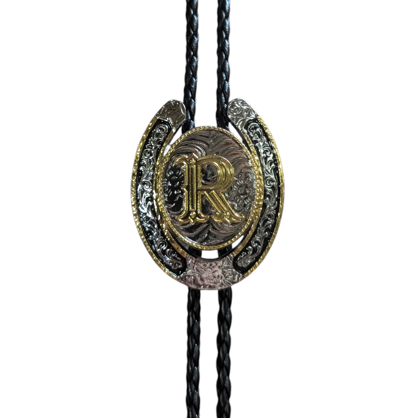 Western Bolo Tie (0043) - Silver & Gold Letter (R)