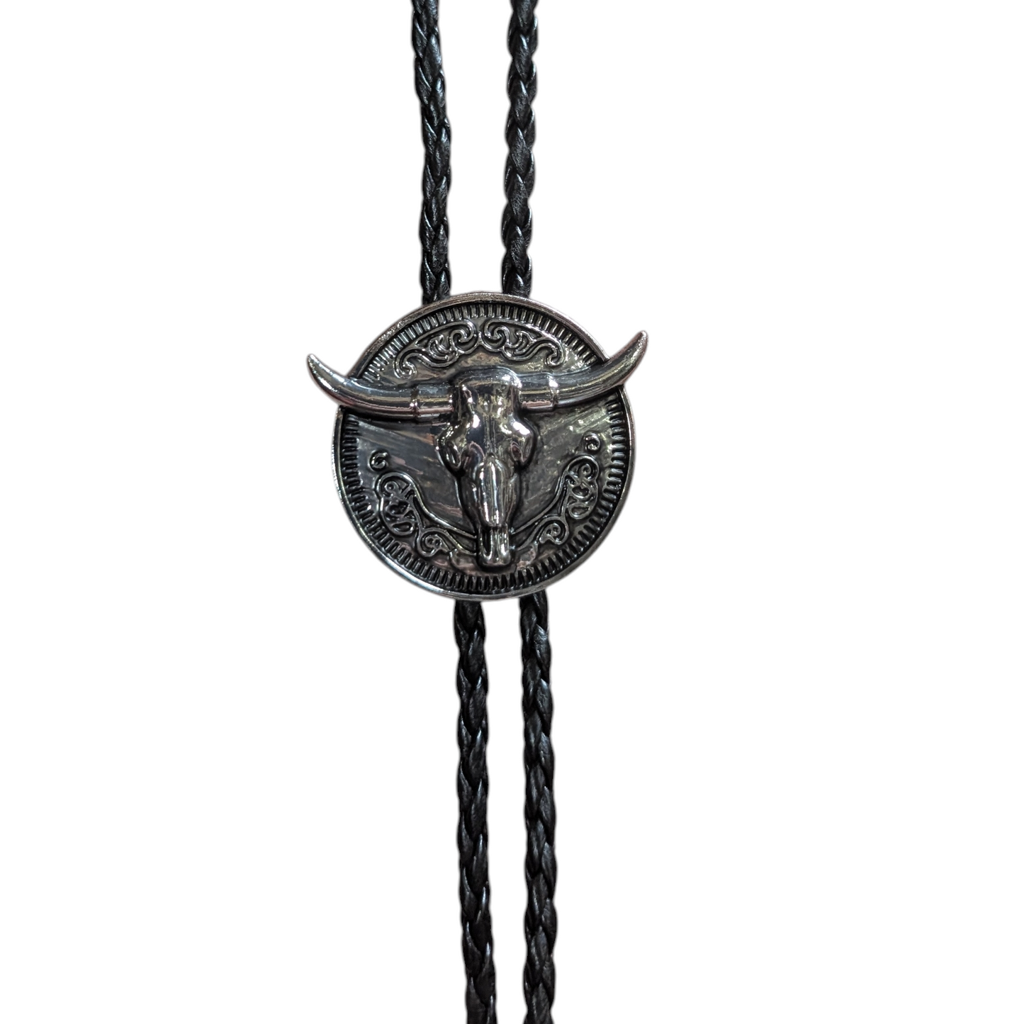 Western Bolo Tie (0044) - Silver Circle w/ Longhorn